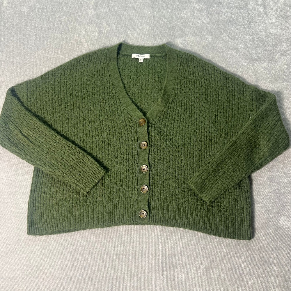 Madewell Womens Cropped Cardigan Sweater XS Olive Green Alpaca Blend Button Up